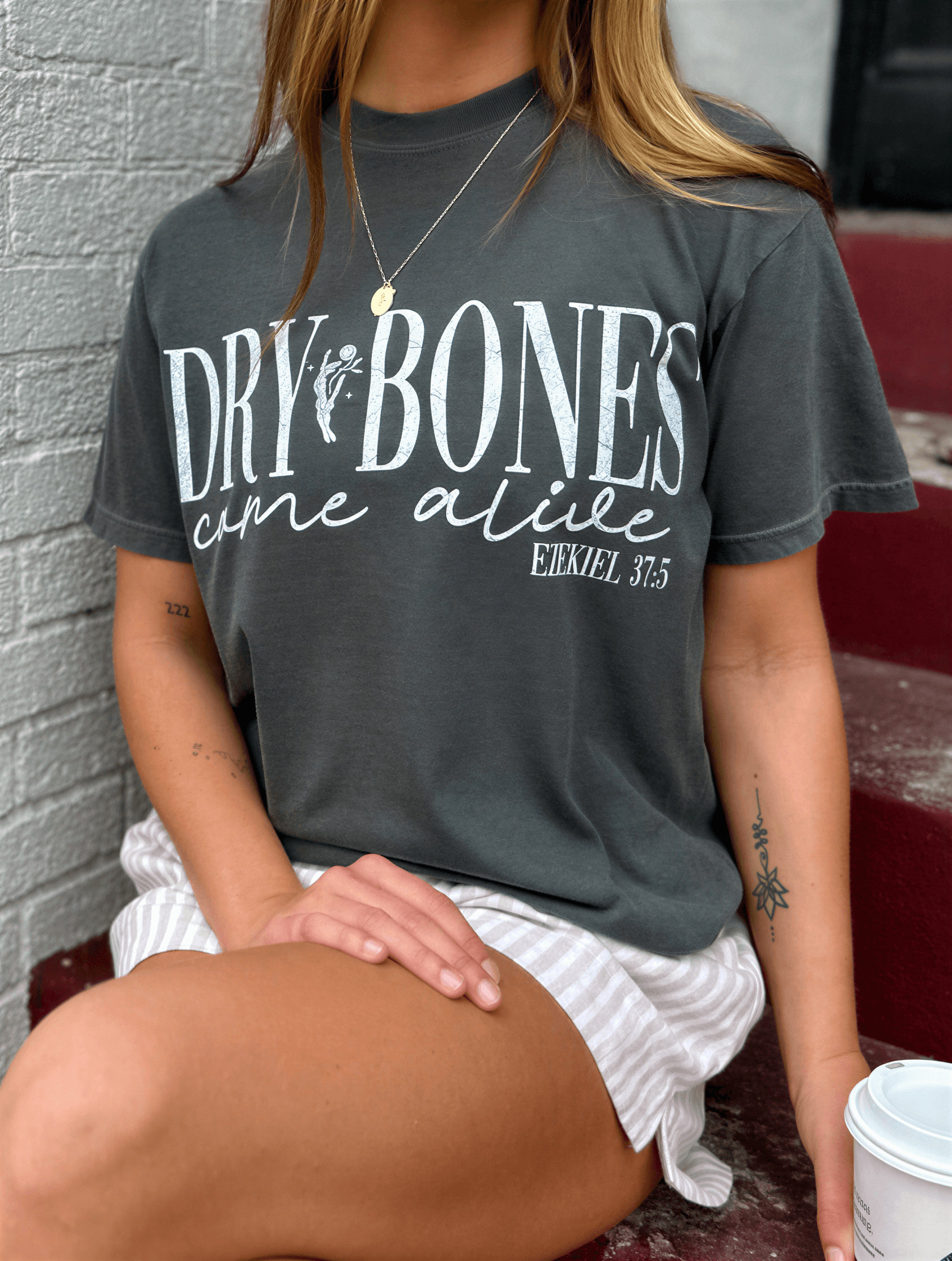 model wearing Dry Bones Come Alive Tee