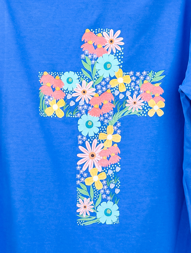 Floral cross design on a blue shirt