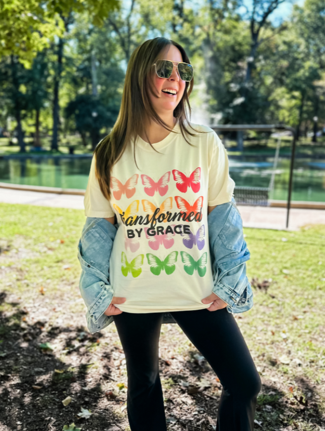model wearing Transformed By Grace Tee