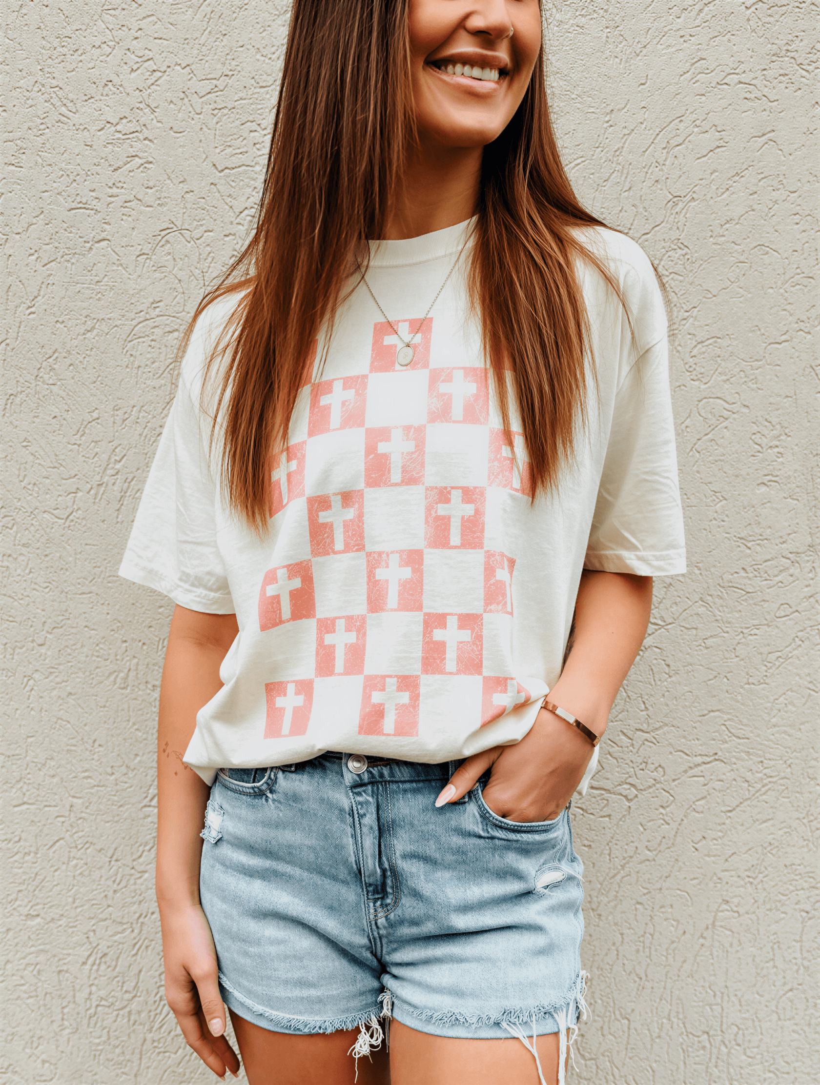 model wearing Bold Crosses Tee - Ivory