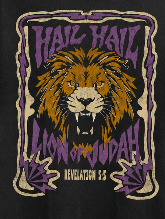 T-shirt with a lion graphic and text 'Hail Hail Lion of Judah Revelation 5:5' on a black background
