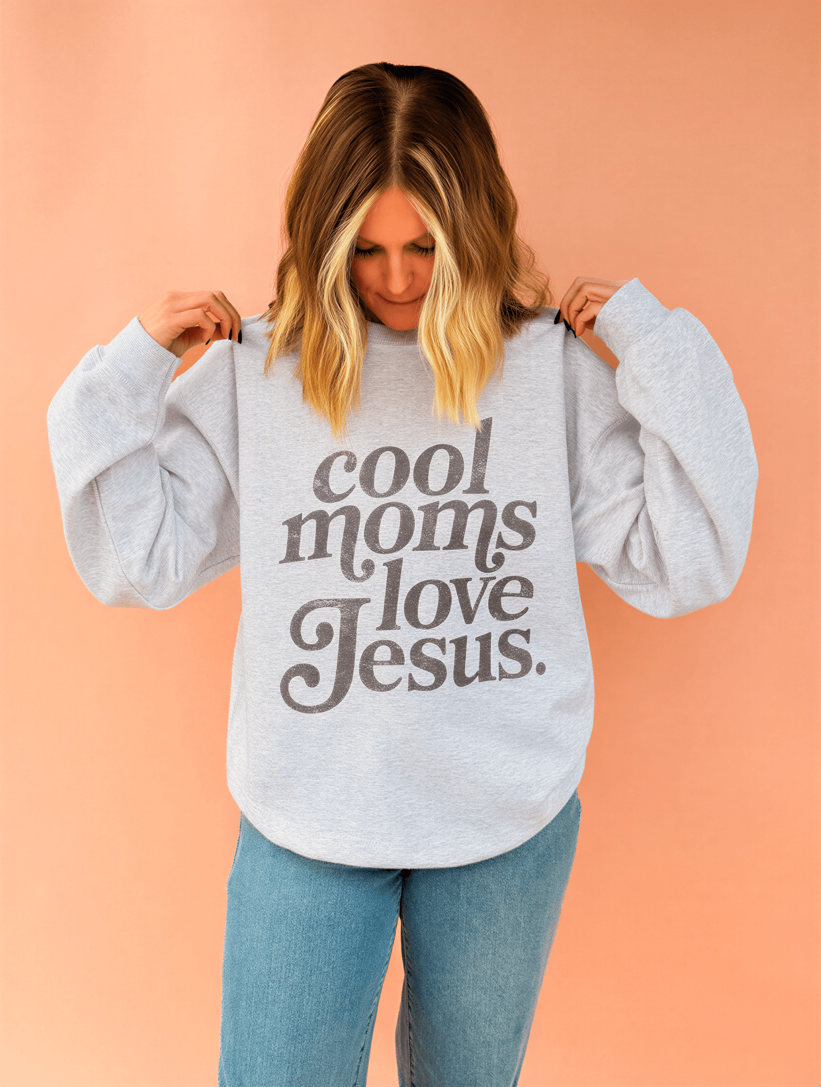 model wearing Cool Moms Love Jesus - Ash Sweatshirt