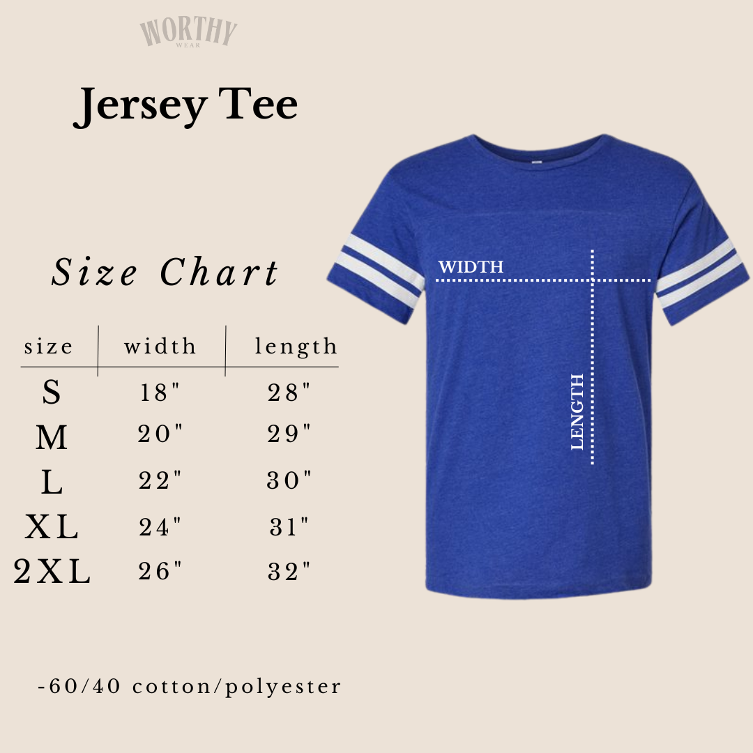 Blue jersey tee with white stripes on sleeves, featuring a size chart for S to 2XL.