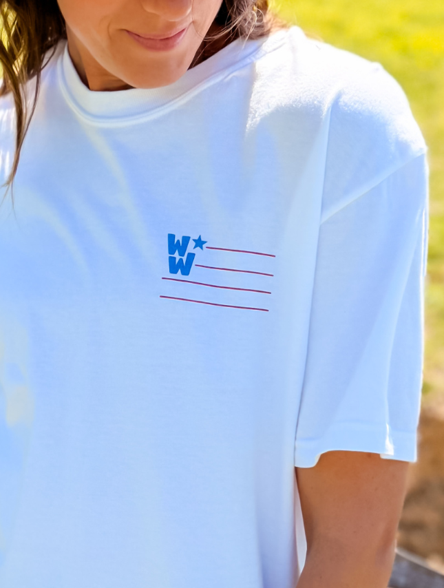 All-American WW tee in white featuring blue and red star and stripe design on the left chest area.