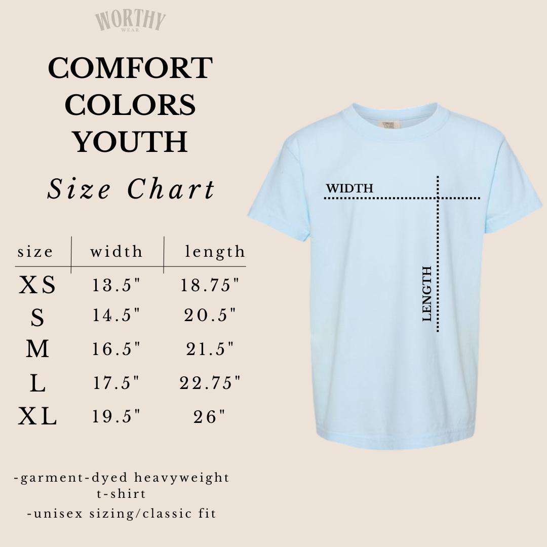 Youth tee size chart displaying measurements for XS, S, M, L, and XL in a light blue color on a beige background.