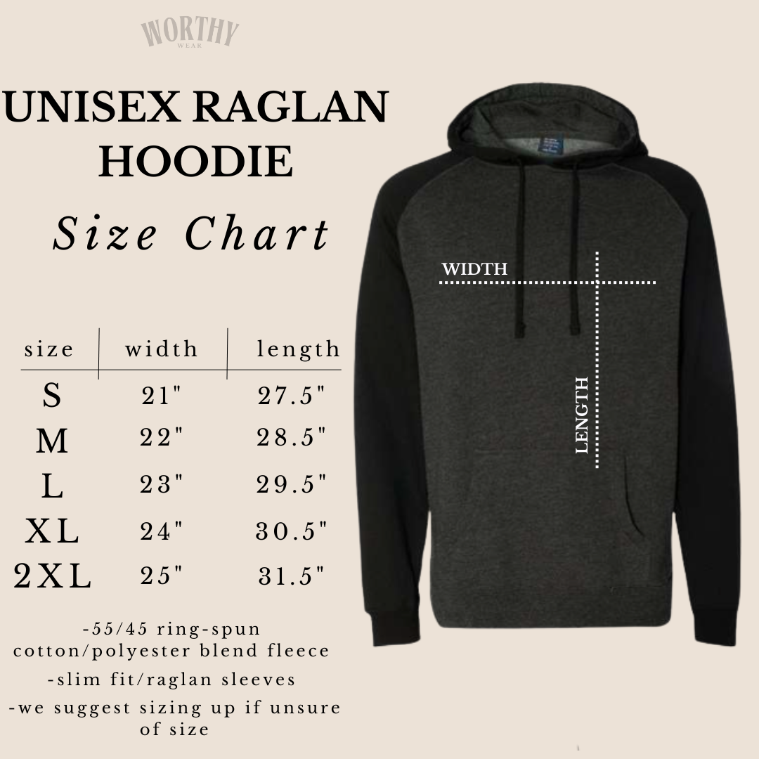 Unisex raglan hoodie size chart with measurements for small to 2XL in black and gray colors.