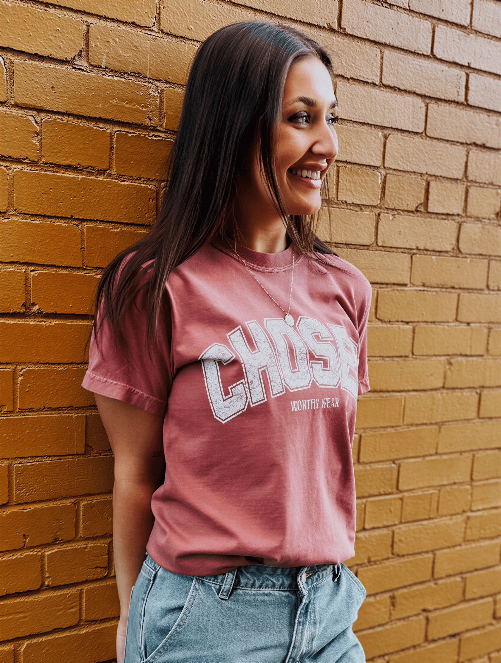 model wearing chosen tee