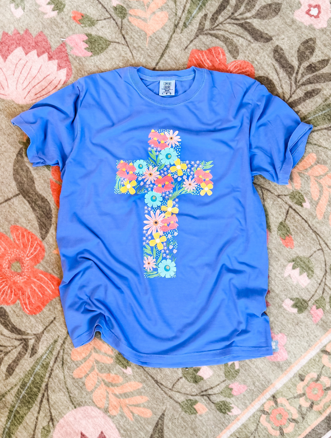 flat lay of Floral Cross Tee