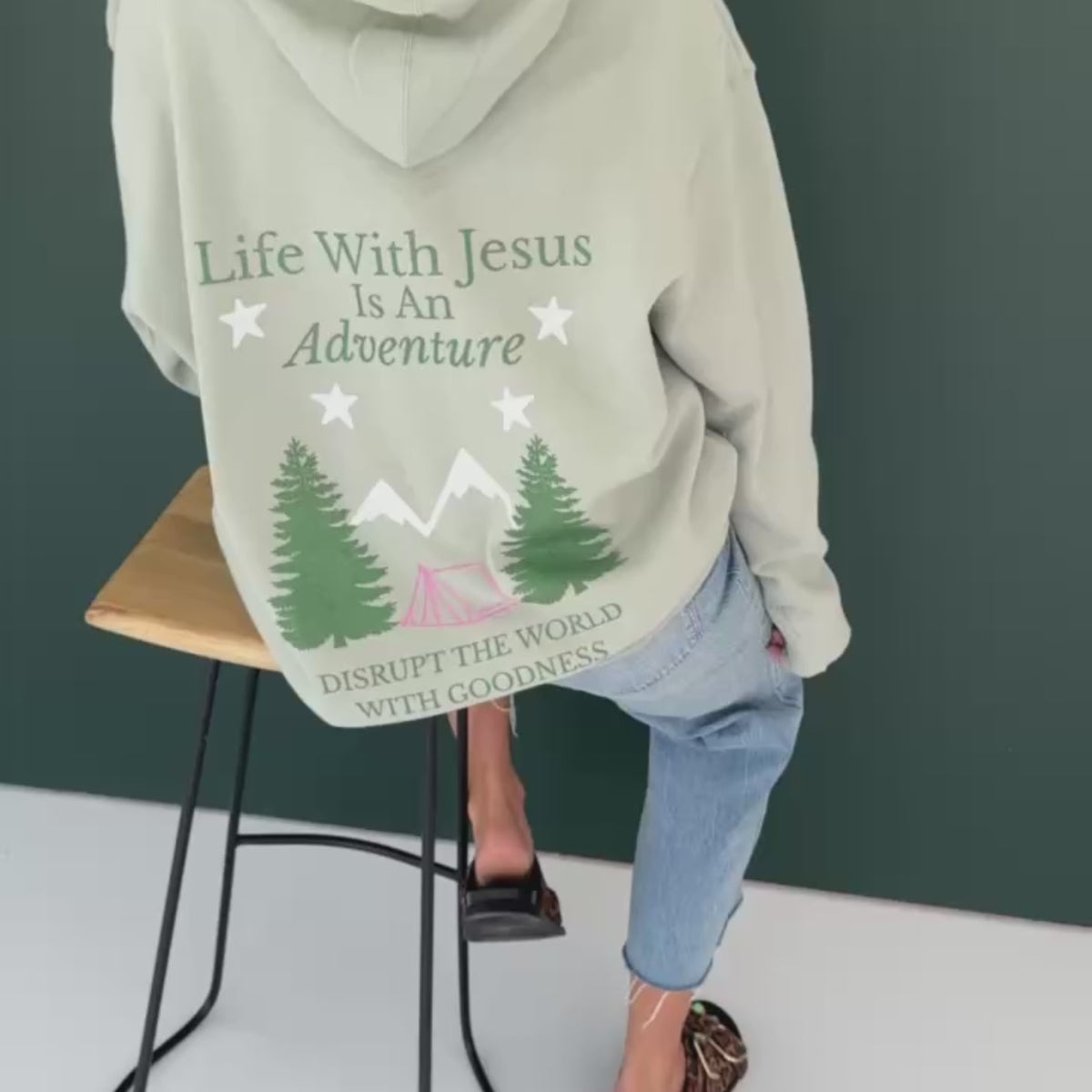 woman wearing the adventure hoodie